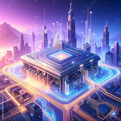 A futuristic city rests atop a massive, glowing computer processor, illuminated by vibrant neon lights.