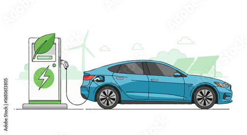 Vector illustration of electric car charging at a station with green energy symbol, eco transportation and sustainability concept, isolated on white background