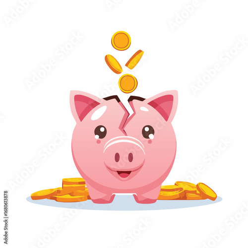 Financial savings and investment concept with a cute cracked pink piggy bank and falling gold coins. Vector illustration for finance and economy