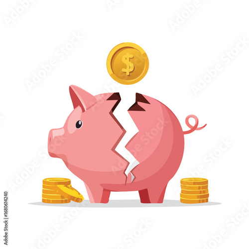 Vector illustration of a broken piggy bank with coins, symbolizing financial problems, economic crisis, and failing savings or investment