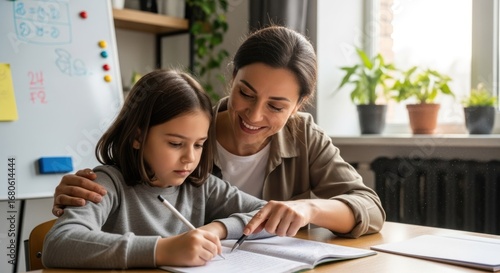 A woman helping a young girl with her homework at a table in a cozy living room with plants and a whiteboard.