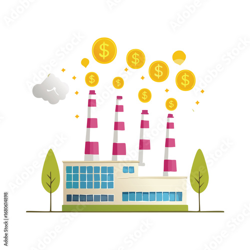 Conceptual illustration of industrial profit, showing a factory emitting gold dollar coins from its smokestacks instead of pollution