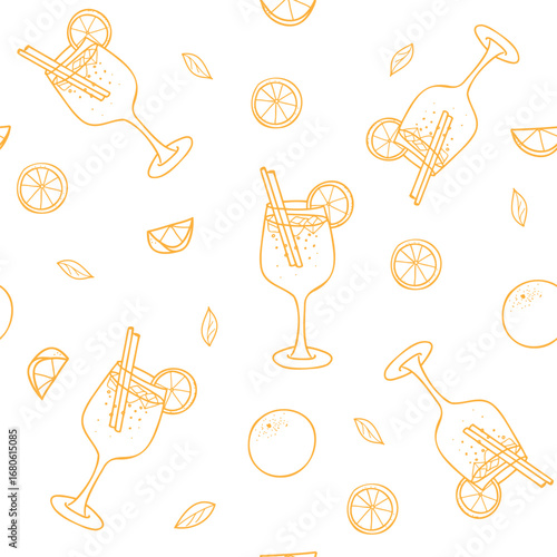 Cocktail Seamless pattern. Aperol Spritz and orange fruit. Hand drawn graphic illustration in Doodle style in orange color. For textile and paper prints, bar designs.