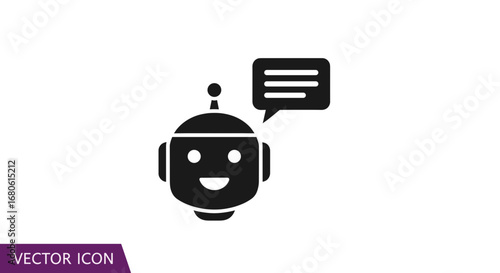 A black vector icon of a friendly, smiling robot head with a speech bubble, representing a chatbot or artificial intelligence.