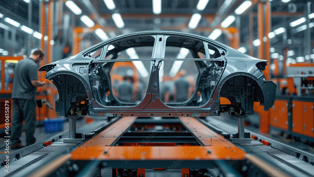 Fototapeta premium A cinematic view of a car frame being assembled on an advanced production line, surrounded by neatly arranged industrial machinery and equipment. Selective focus with shallow depth of field highlights