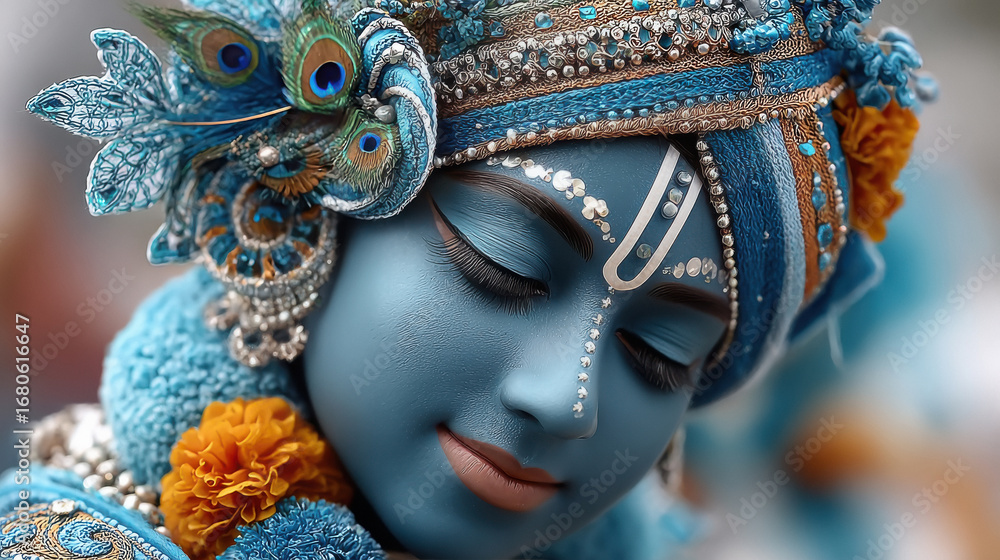 Fototapeta premium beautiful Lord Krishna idol beautifully decorated with peacock feathers.