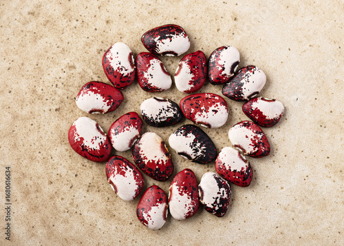 Colorful heirloom Potawatomi Pole Lima beans glow with red-and-white speckles. Climbing bean variety prized for its ornamental seeds, reliable growth, and flavorful harvests. (Phaseolus lunatus)