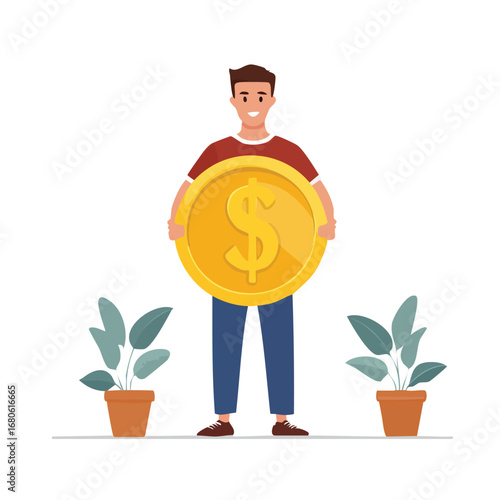 Happy young man holding a large gold dollar coin, symbolizing financial success, investment, and wealth. Vector illustration for business and finance