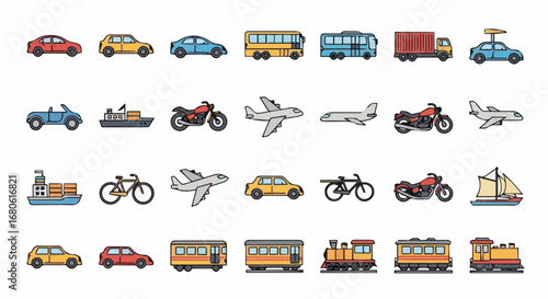 Vector icon set of vehicles including cars, buses, trucks, motorcycles, bicycles, airplanes, ships, and trains