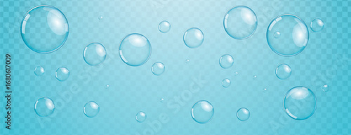 Transparent clear bubble floating water sphere realistic soap bubble blue background light reflection clean freshness airy delicate cheerful purity