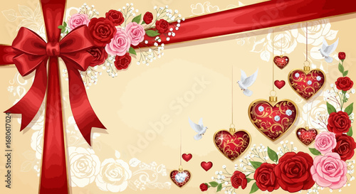 Romantic Valentine Background Vector with Roses and Pink Gradient