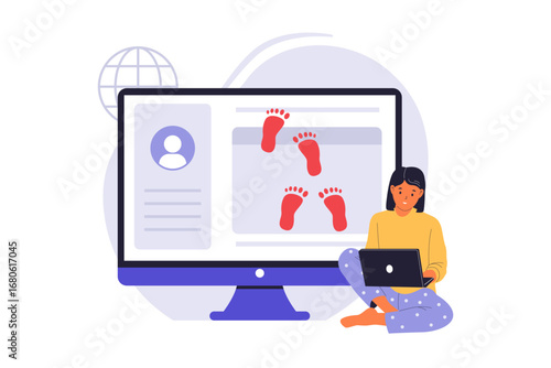 Woman Analyzing Her Digital Footprint on a Computer. An Illustration of a User Tracking Online Presence, Highlighting Personal Data and Privacy Management. Flat Vector Illustration