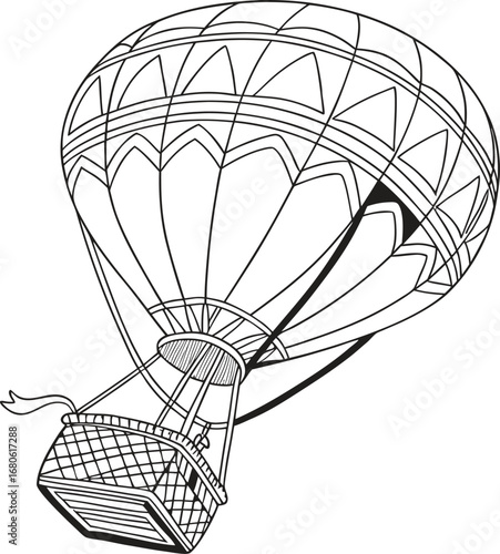 Classic hot air balloon with detailed basket and suspension ropes presented on a clean white background for design projects