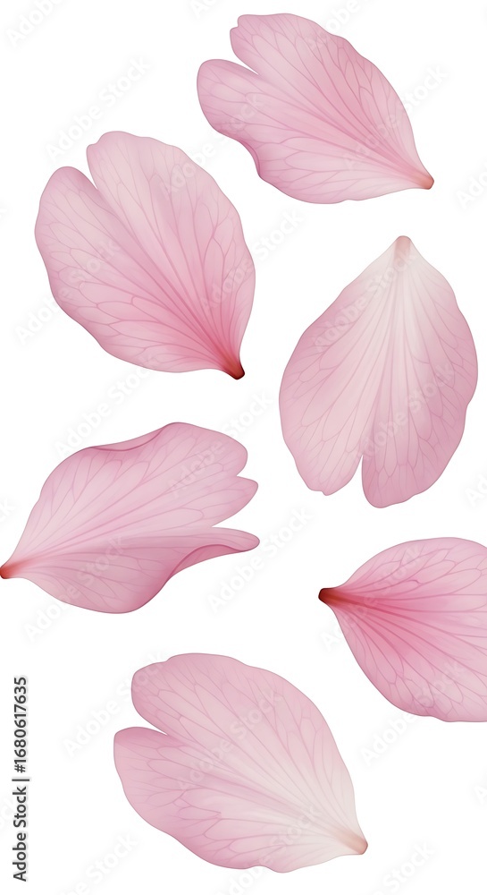Obraz premium Delicate Pink Cherry Blossom Petals Falling Against White Background.