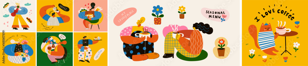 Fototapeta premium People are talking in cafe. Illustrations about coffee. Funny characters are drinking coffee