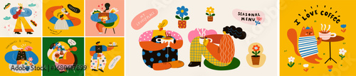 People are talking in cafe. Illustrations about coffee. Funny characters are drinking coffee