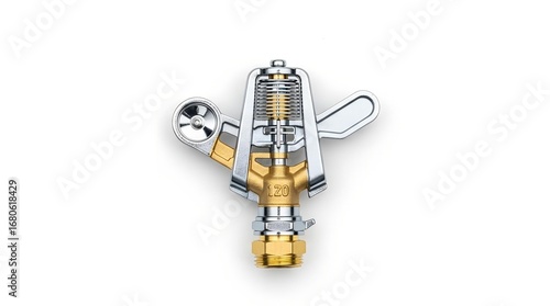 Close-up of a chrome and brass impact sprinkler head, featuring adjustable arms and a nozzle, isolated on a white background.