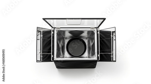 Open black photo studio light box, showing interior components and panels.