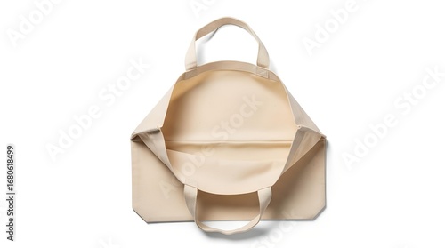 An open, empty, beige tote bag, viewed from above, isolated on a white background.