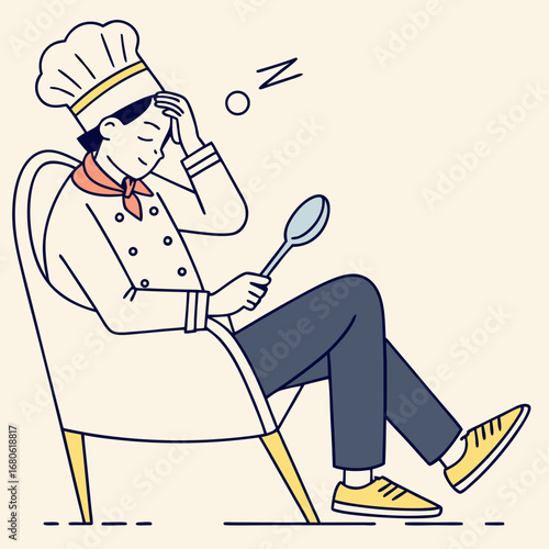 A tired chef in uniform is sleeping in a chair while holding a spoon, with Z's indicating sleep.