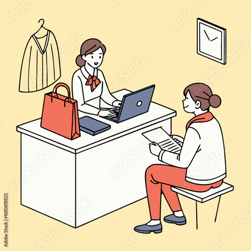 Two women at a service counter, one assisting the other with a laptop and documents, in an isometric illustration.