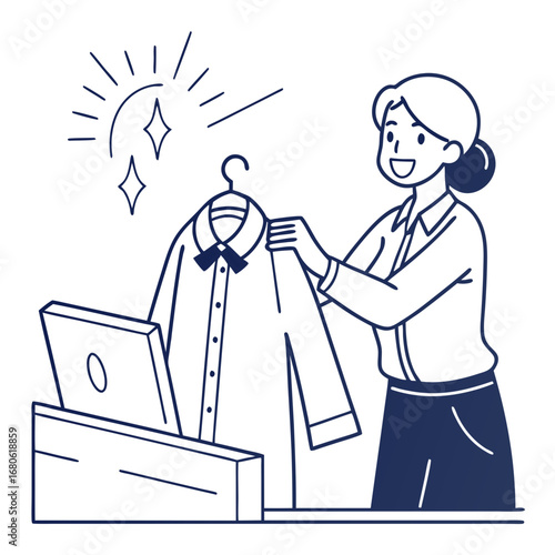 A smiling woman proudly displays a freshly cleaned and pressed white shirt with a bow tie.