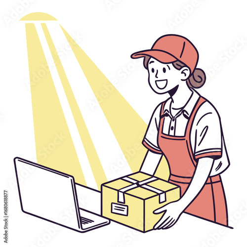 A delivery person, wearing a cap and apron, smiles while holding a package next to a laptop.
