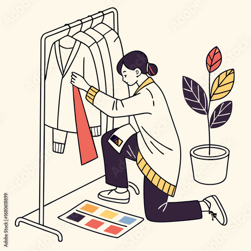 Illustration of a fashion designer kneeling next to a clothing rack with garments and a color palette.