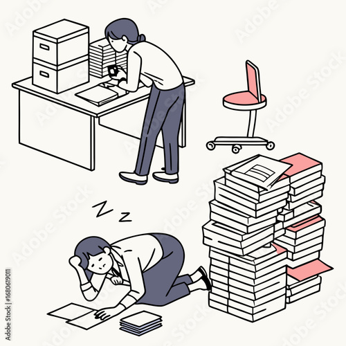 A person overwhelmed by a large amount of paperwork, first standing at a desk and then exhausted on the floor.