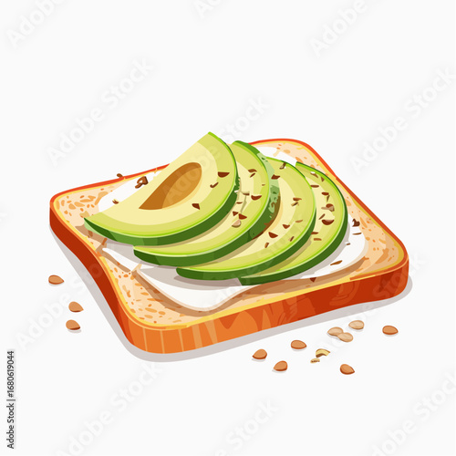 Flat vector illustration of avocado toast with sliced avocado on bread, sprinkled with sesame