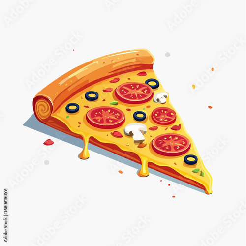 Flat vector illustration of a savory pizza slice, featuring melted cheese, juicy tomatoes, black olives, and fresh mushrooms