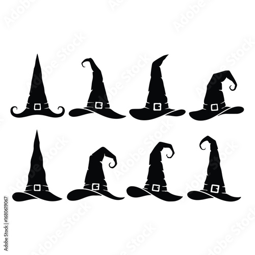 Collection of eight black witch hats isolated on white background