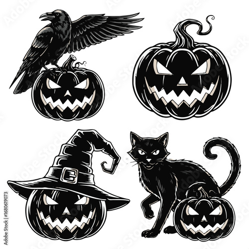 Halloween symbols including pumpkins, crow and cat