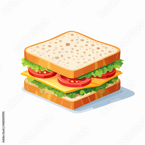 Flat vector illustration of sandwich with visible layers of bread, lettuce, cheese, and tomatoes