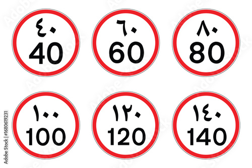UAE Maximum Speed Limit Signs Set  40, 60, 80, 100, 120, 140 km/h Circular Road Traffic Safety Symbols
