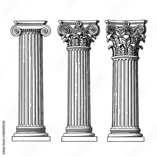 Three classical columns with different capitals