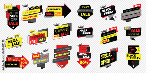Large banner set isolated on transparent background. Sale, Spesial pffer, Half price, Black Friday, 50% OFF, discount and free shipping banner set. Bright (red, yellow, black and gray) vector banners