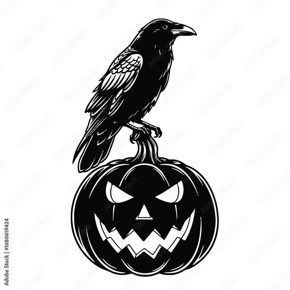 Fototapeta premium Halloween pumpkin with a crow sitting on top isolated on white background