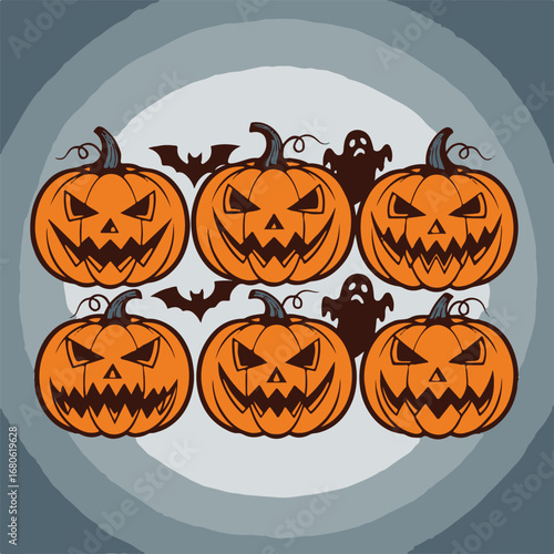 Six carved pumpkins with scary faces and bats on a moon background