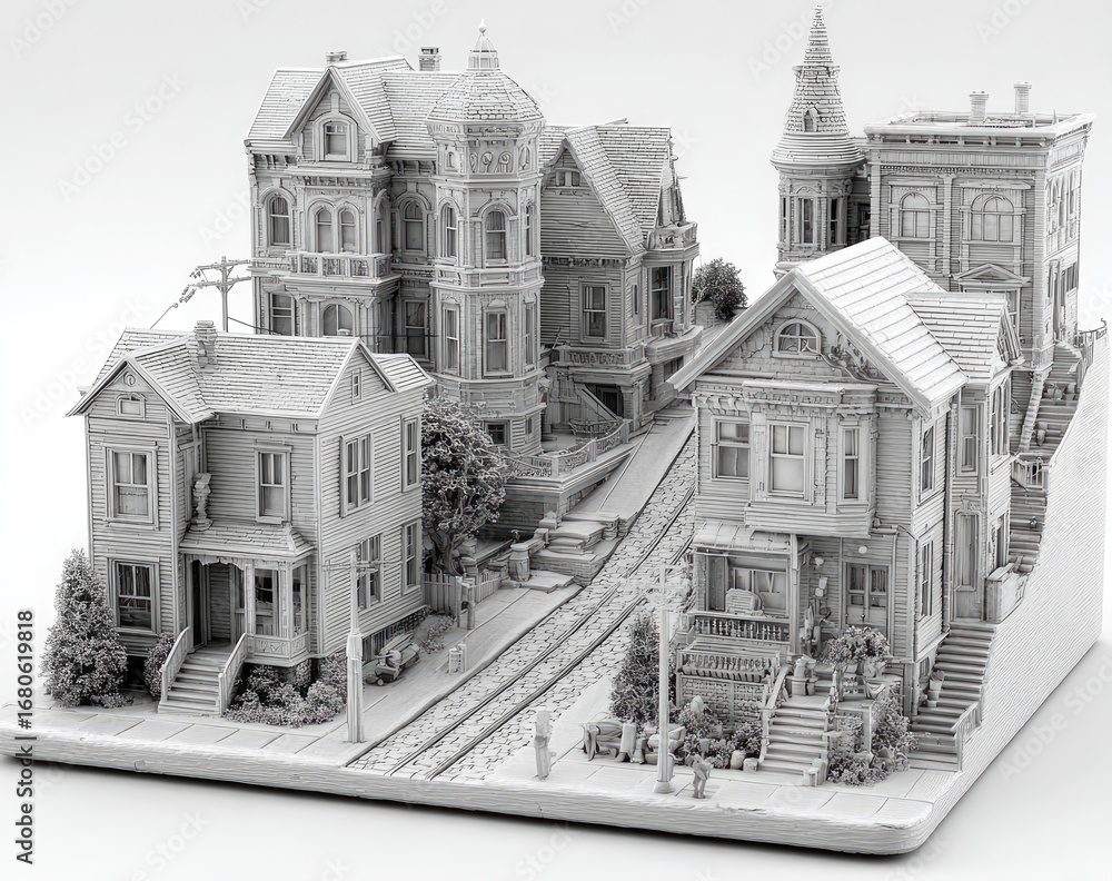 Obraz premium Detailed 3D model of a San Francisco Victorian neighborhood
