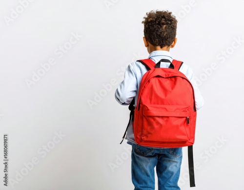 A young boy with curly hair wears a red backpack, facing away from the viewer against a white background.