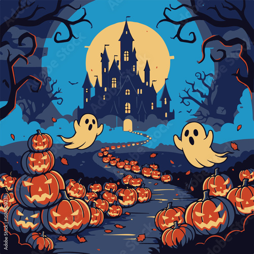 Spooky haunted castle with ghosts and pumpkins on halloween night