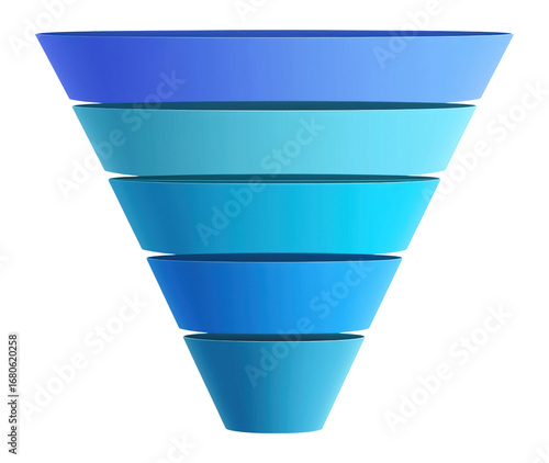 Geometric blue pyramid or funnel with multiple layers for business concepts isolated on transparent background