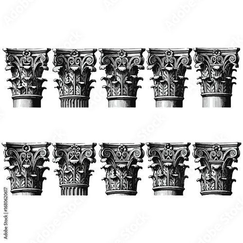 Collection of corinthian column capitals isolated on white background