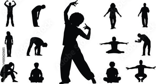 Silhouettes of diverse people in various emotional, dance, and meditation poses expressing body language, feelings, and mindfulness activities.