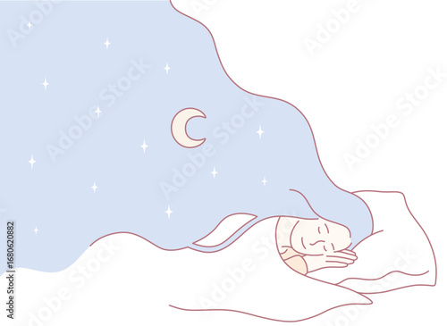 A peaceful scene of a person sleeping under a mesmerizing starry sky with a softly glowing crescent moon