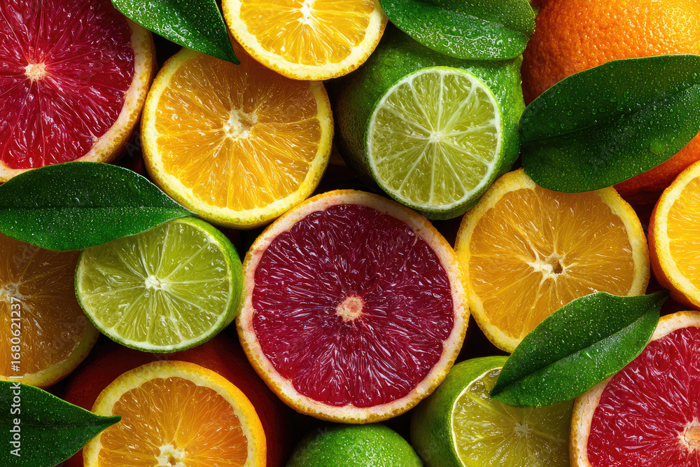 Fototapeta premium Fresh juicy citrus fruits as background, top view 