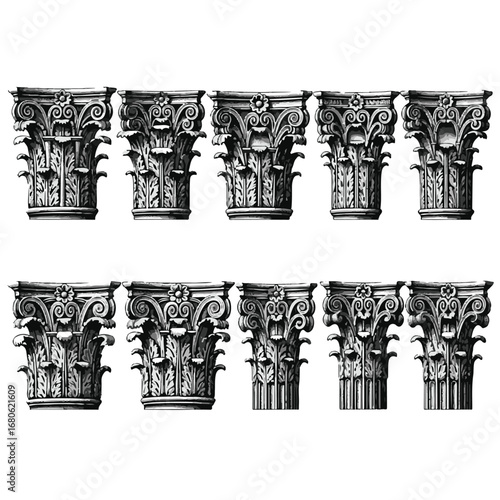 Collection of corinthian column capitals, isolated on white background