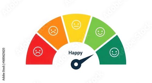 A gauge showing a spectrum of emotions from sad to happy, with the needle pointing towards the 