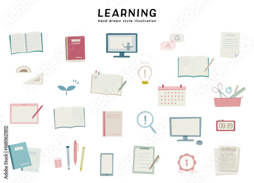 学習　教育　学び　学校　勉強　手描き風　イラスト　セット　学業　成長　ノート　タブレット　文房具